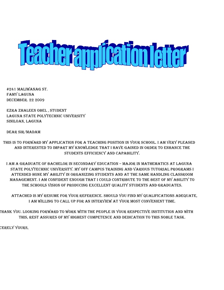 simple job application letter for teaching