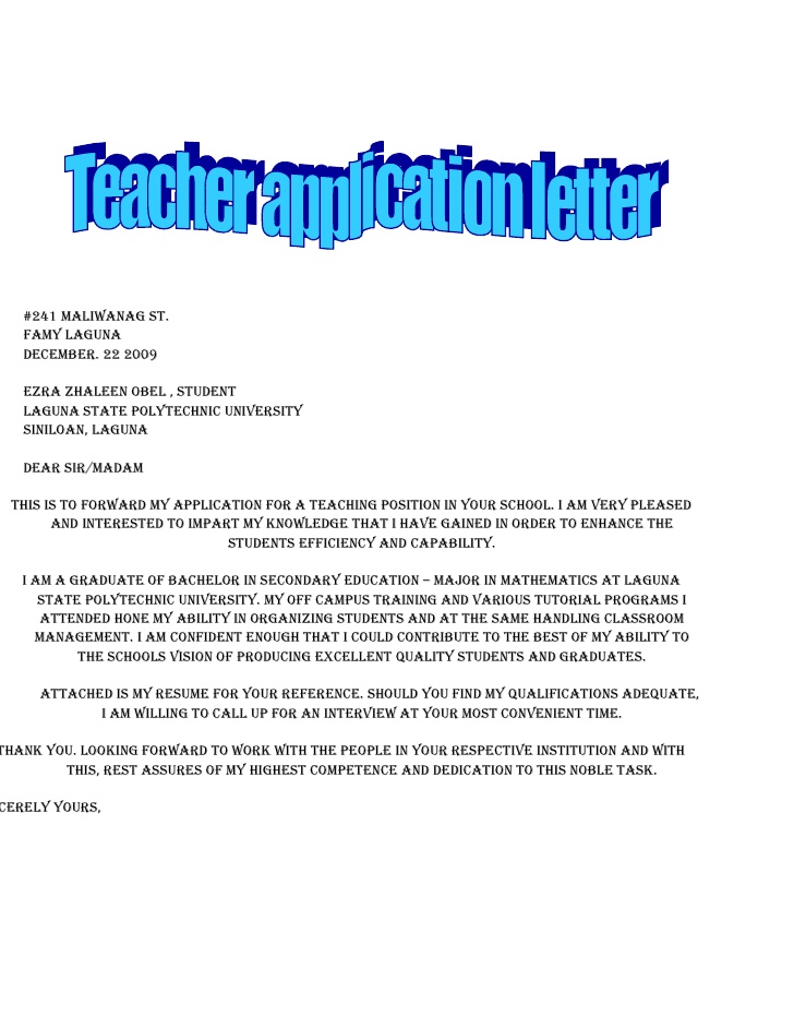 LETTER OF APPLICATION FOR TEACHING Sample Templates