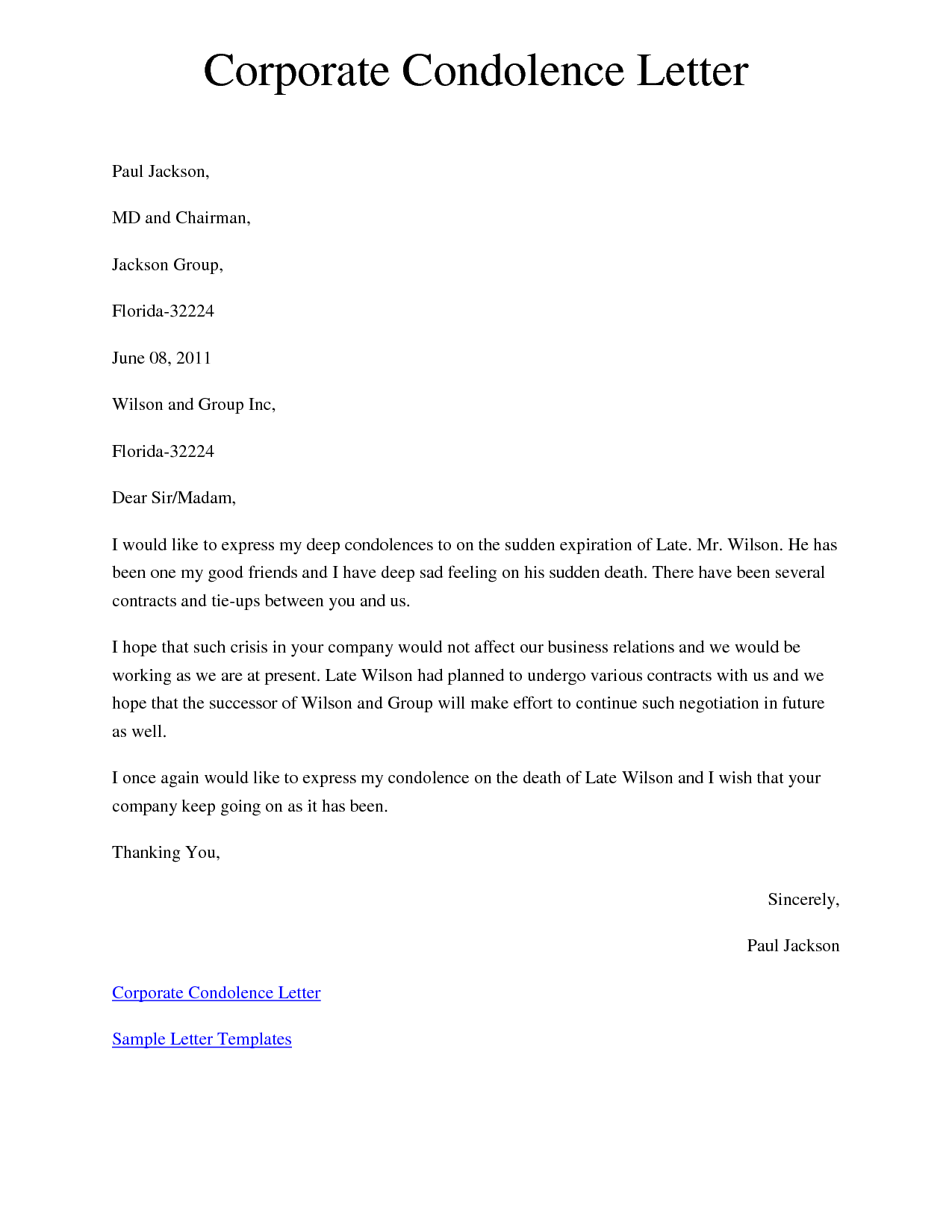 LETTER OF CONDOLENCE FROM COMPANY Sample Templates