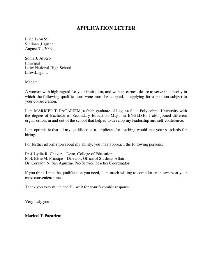 LETTER OF APPLICATION FOR TEACHERS Sample Templates