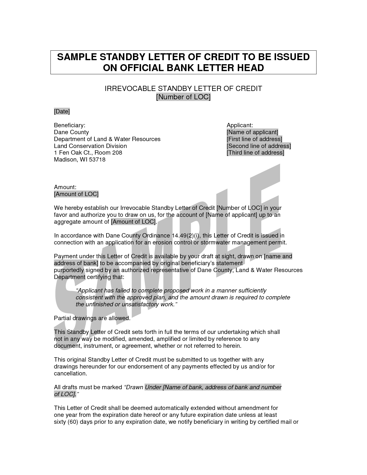 LETTER OF CREDIT ~ Sample & Templates